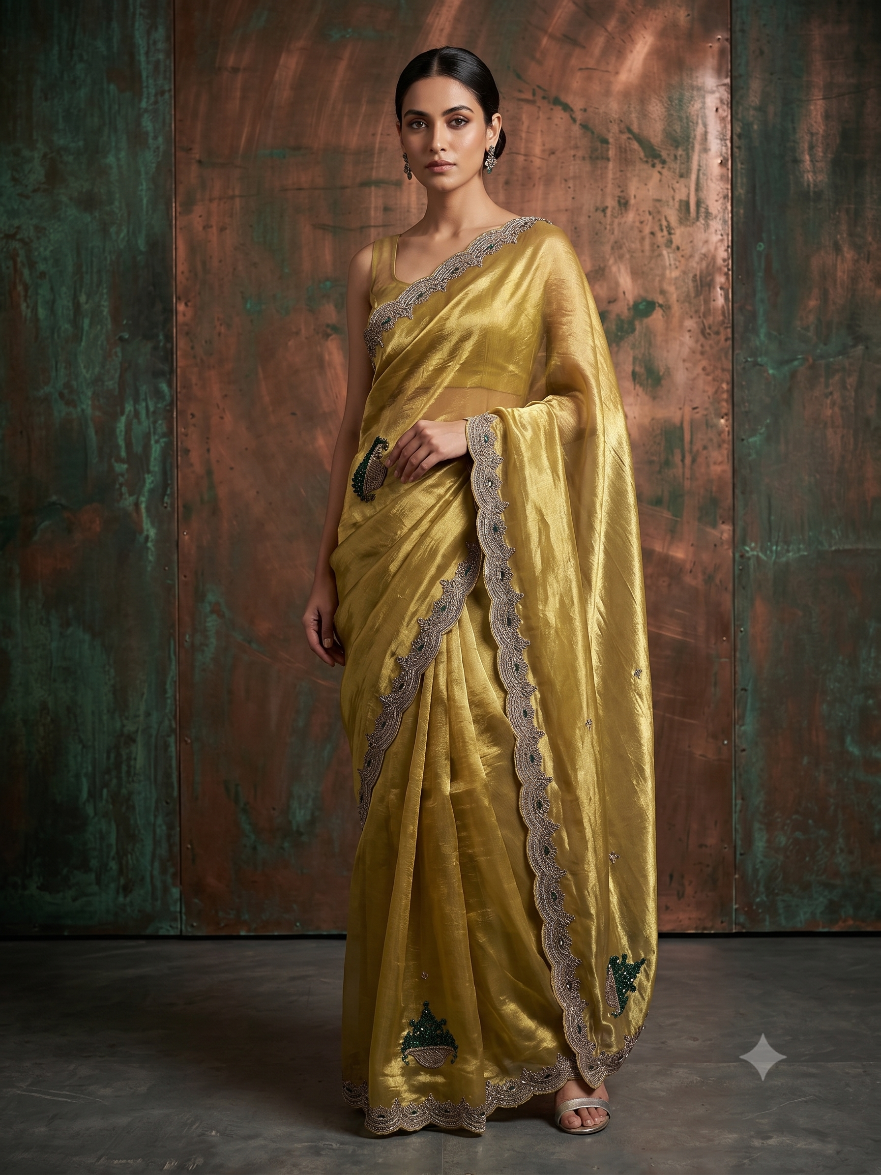 Olive Gold Embellished Tissue Organza Silk Saree