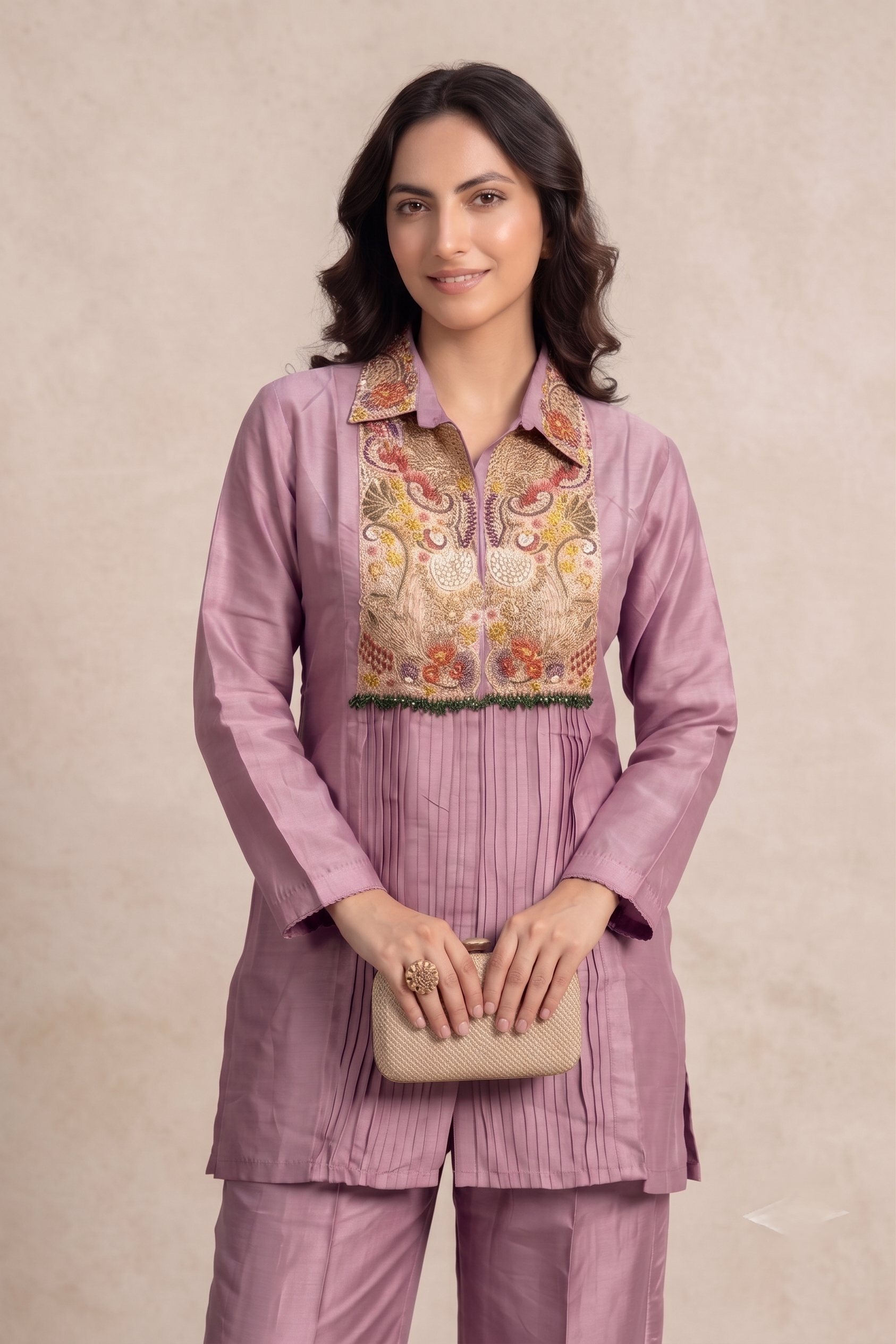 Pastel Mauve Embellished Crepe Silk Palazzo Set