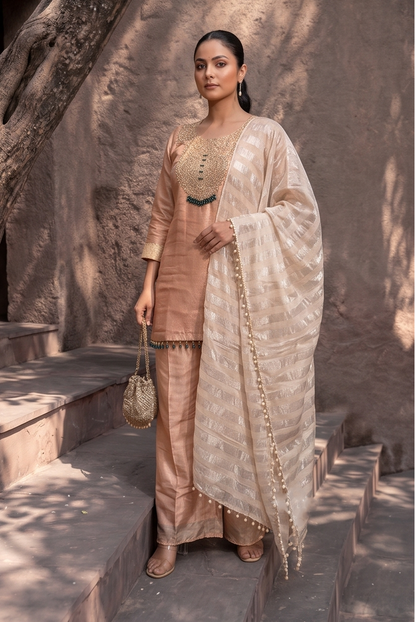 Soft Peach Embellished Brocade Silk Palazzo Set