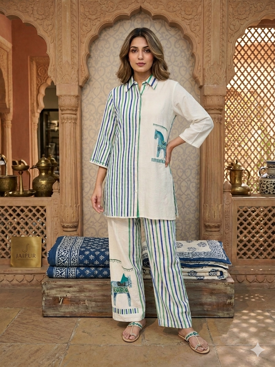 Beige Striped Printed Crepe Silk Co-Ord Set