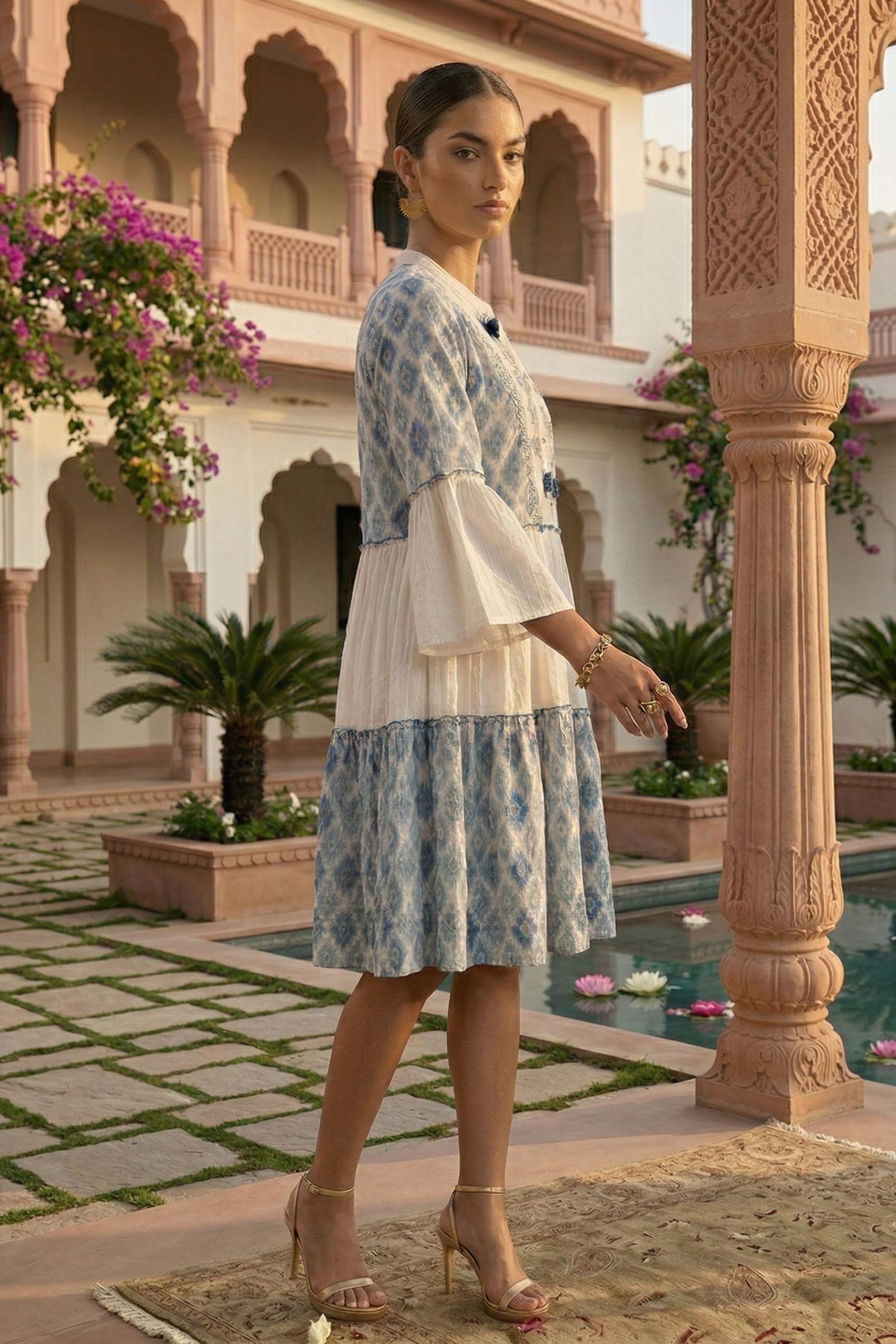 Dusty Blue & White Embroidered Cotton Dress