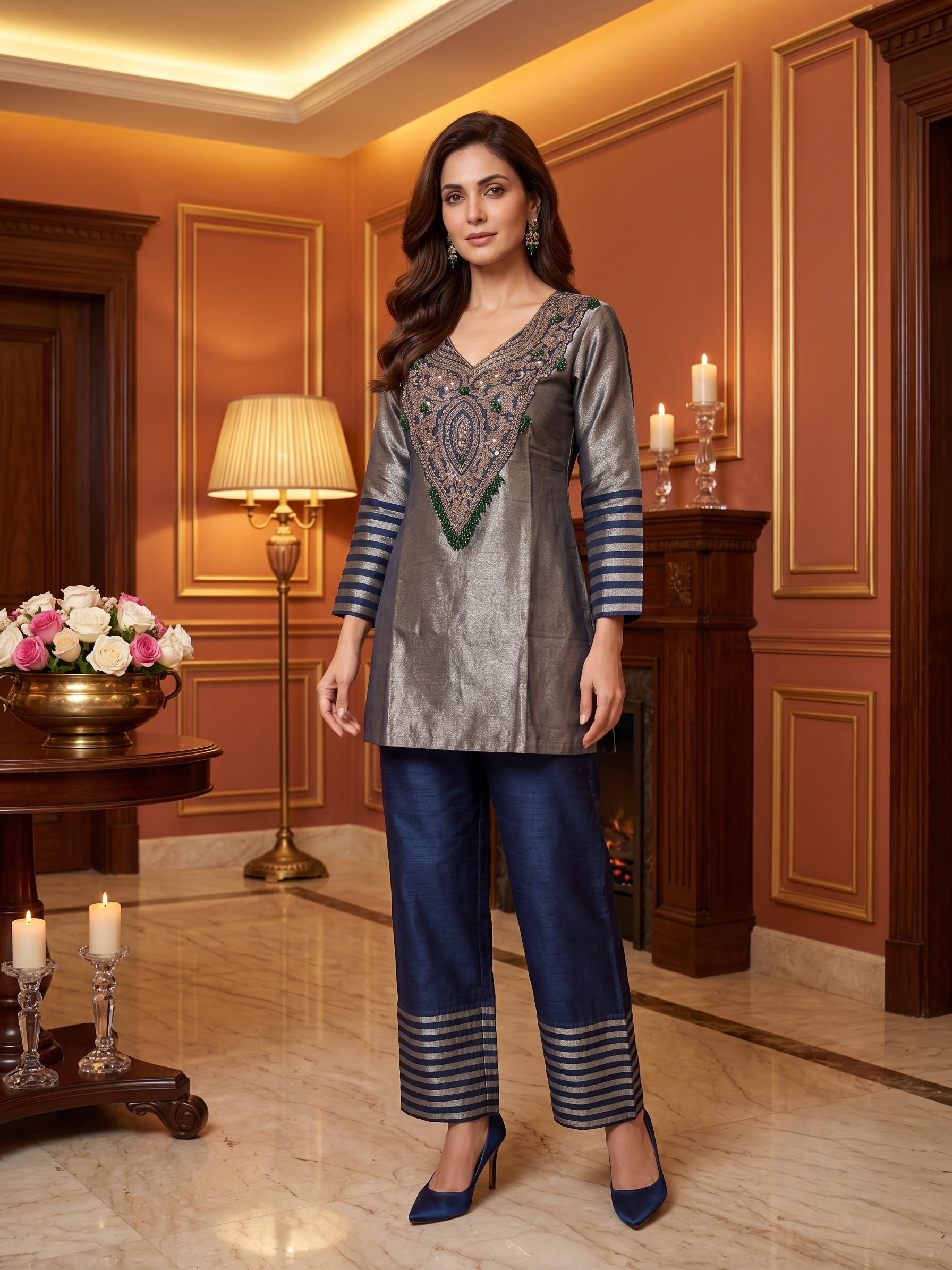Sheen Navy Embellished Shimmer Tissue Silk Co-Ord Set