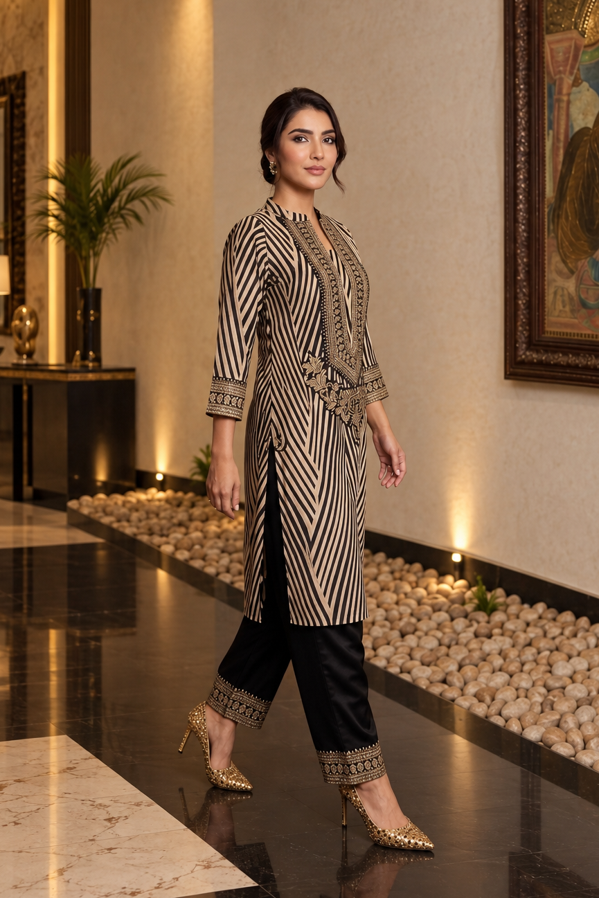 Black and Cream Printed Crepe Silk Salwar Set