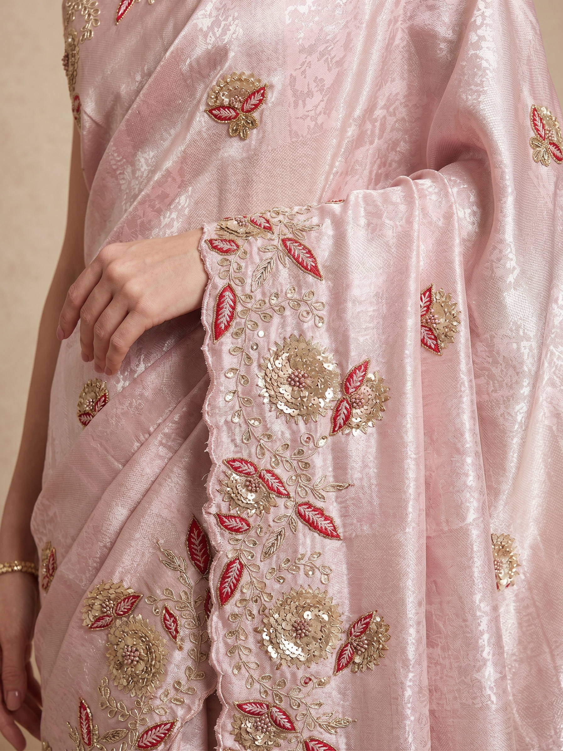 Onion Pink Embellished Tissue Silk Saree