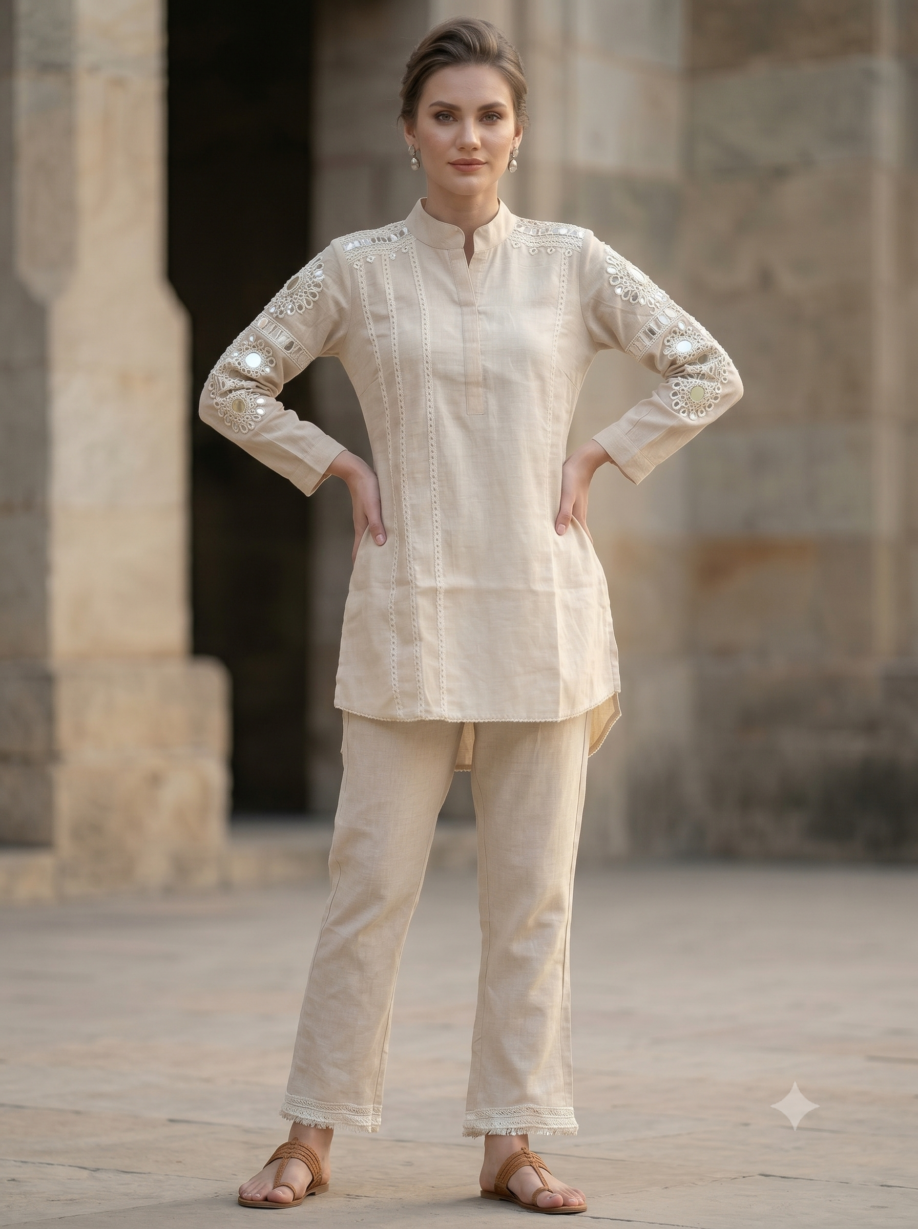 Light Beige Embellished Cotton Linen Co-Ord Set