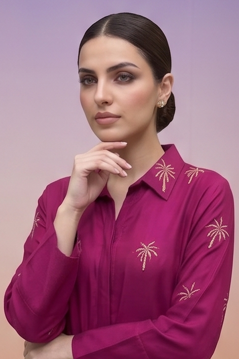 Magenta Pink Embellished Crepe Silk Co-Ord Set