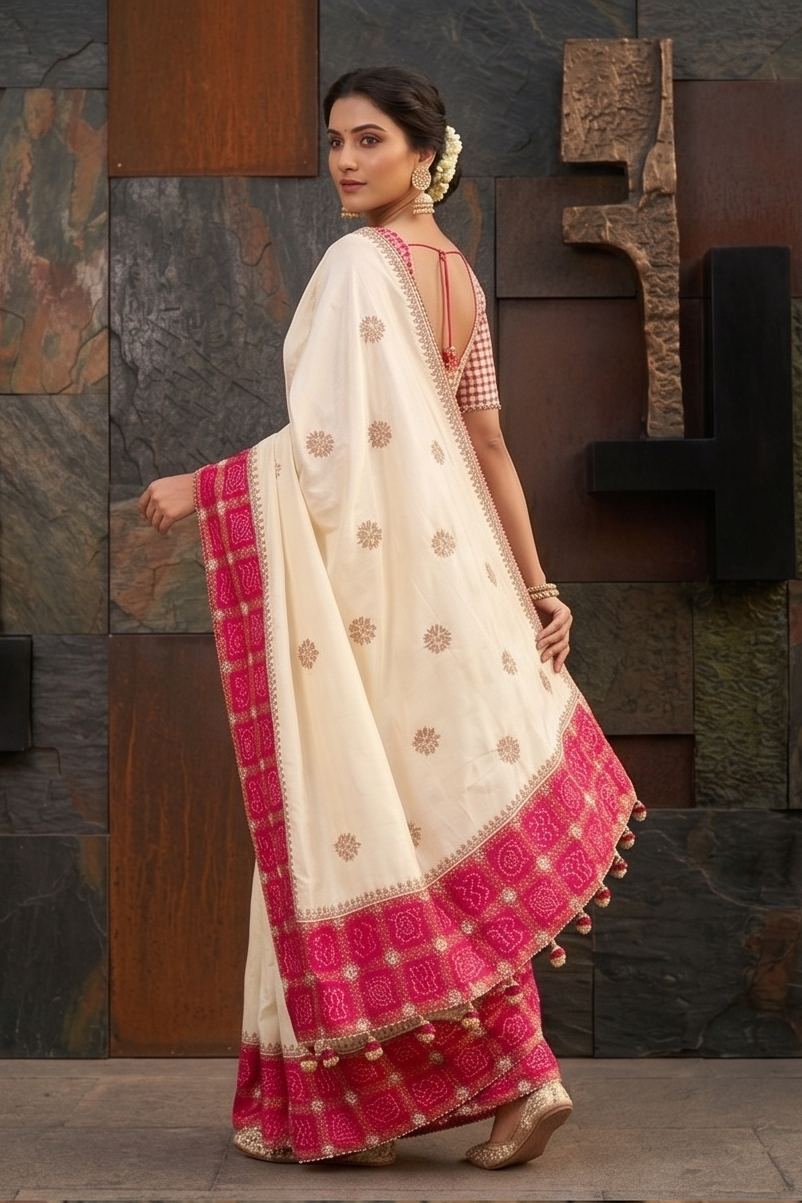 Ivory Pink Embellished Dola Silk Saree