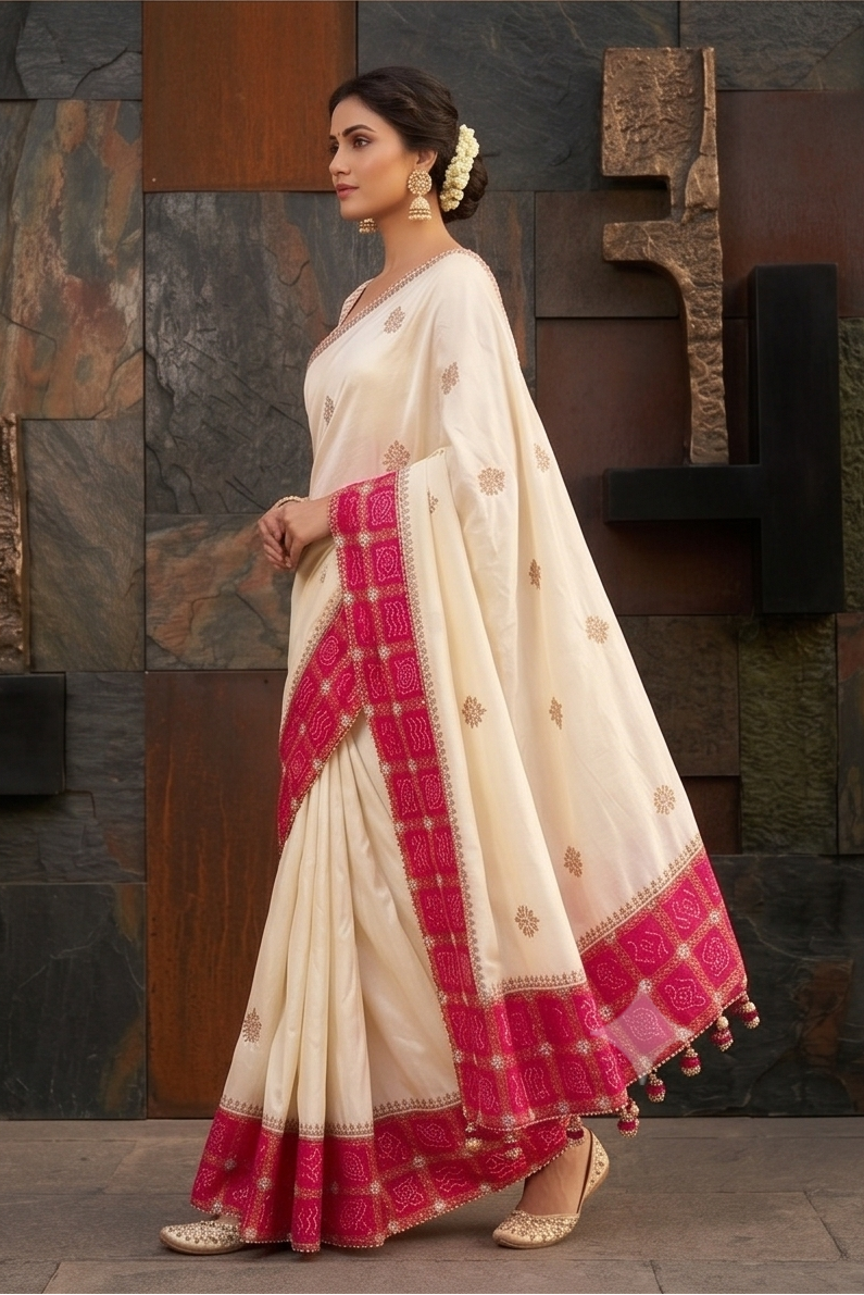 Ivory Pink Embellished Dola Silk Saree