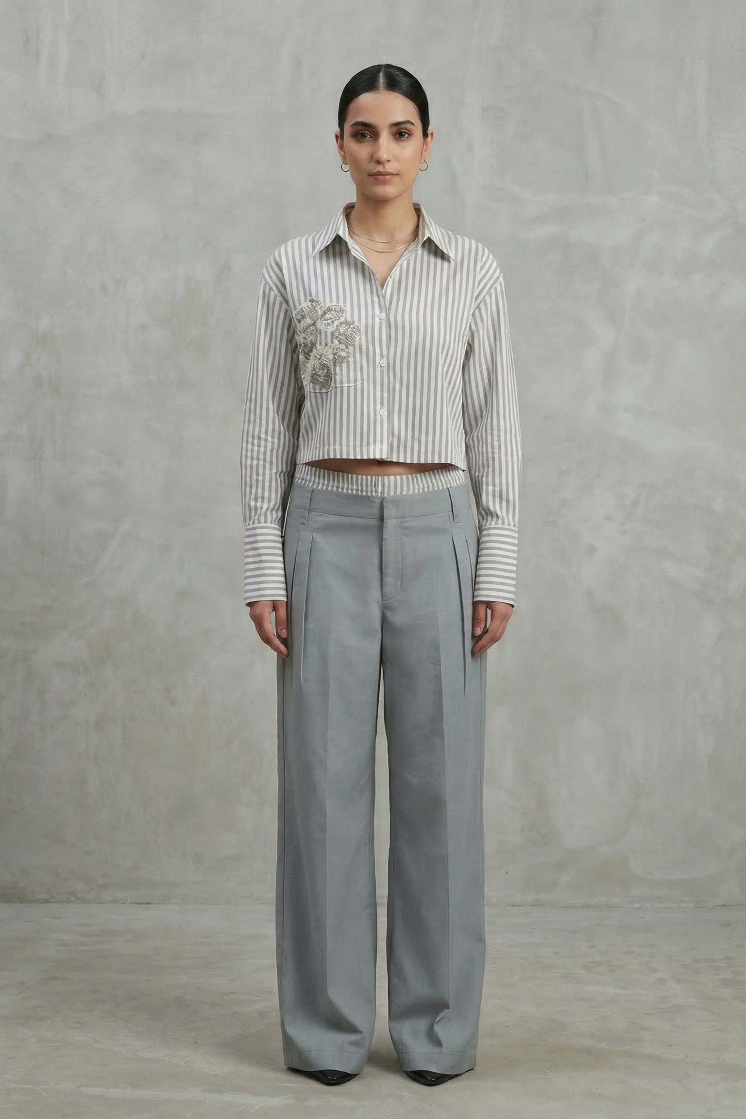 Dove Grey Striped Satin Silk Co-Ord Set