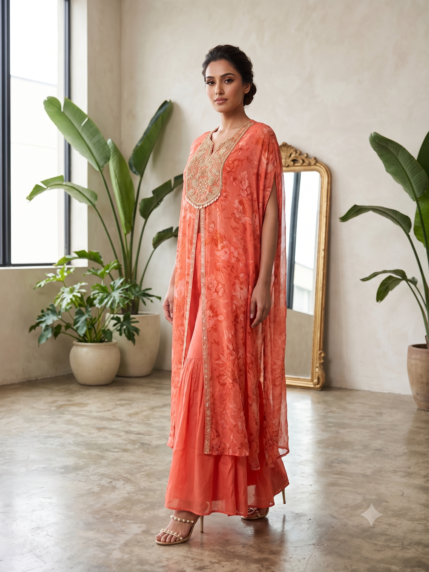 Coral Bloom Embellished Georgette Sharara Set