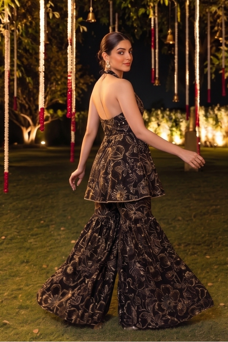 Jet Black Embellished Georgette Silk Sharara Set
