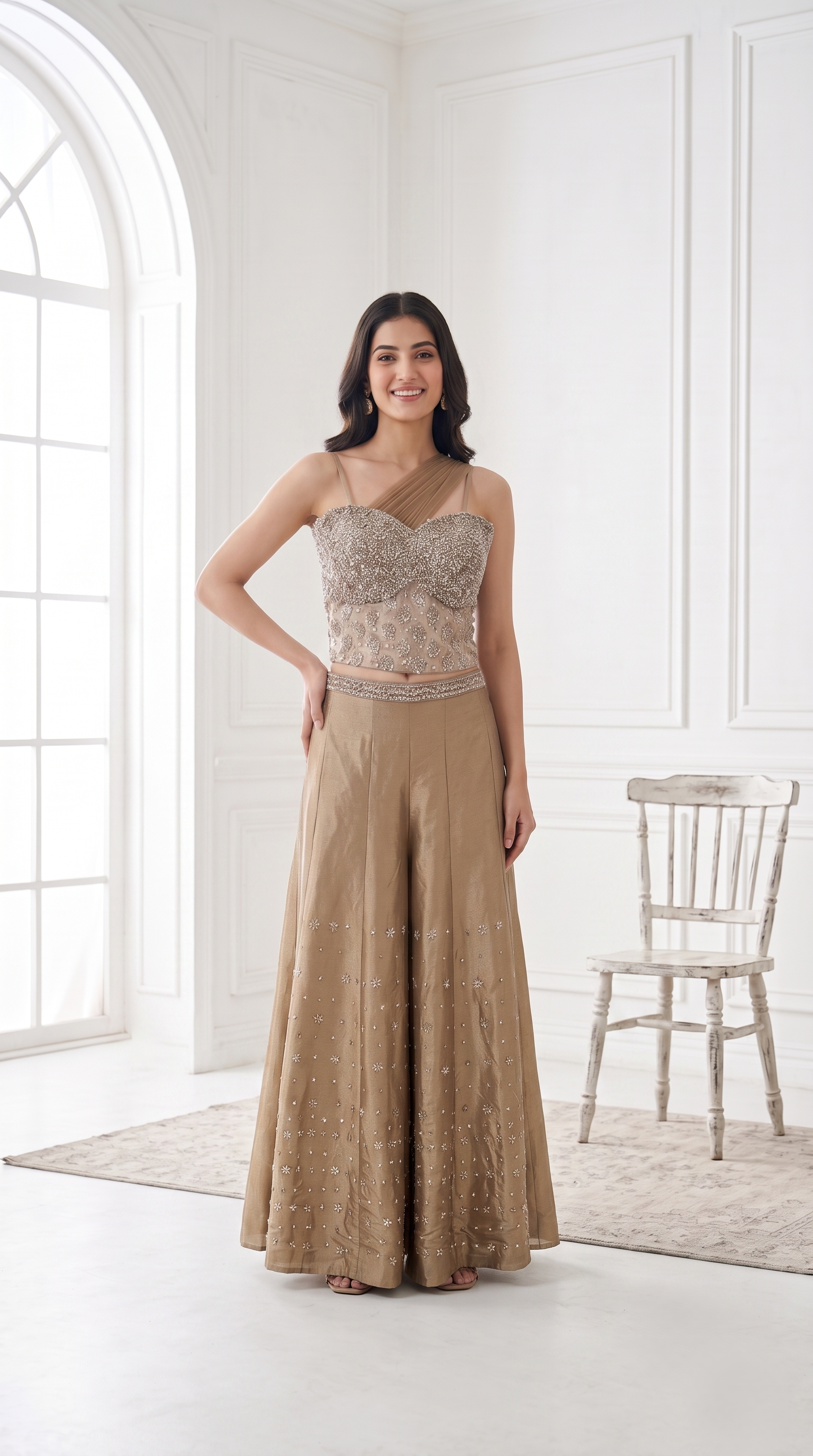 Champagne beige Embellished Tissue Silk Palazzo Set
