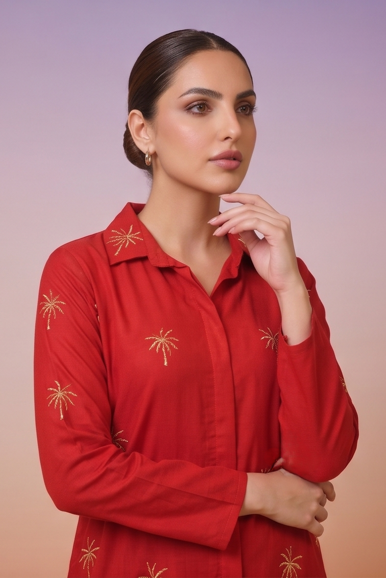 Rust Red Embellished Crepe Silk Co-Ord Set