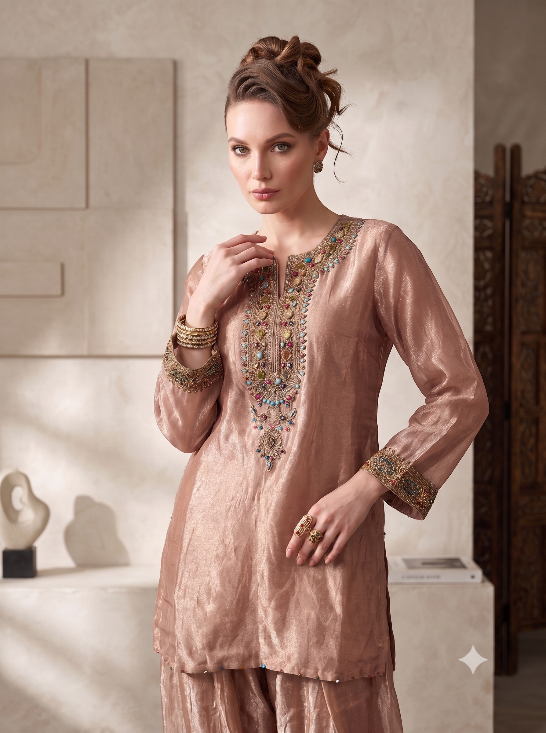 Rose Gold Embellished Shimmer Tissue Kurta Set