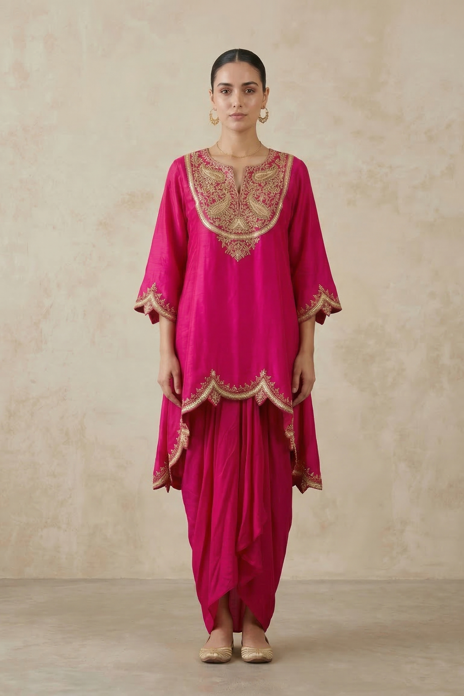 Rani Pink Embellished Raw Silk Draped Skirt Set