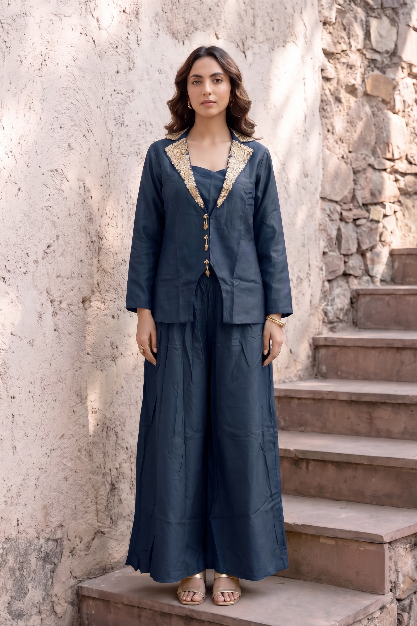 Navy Blue Embellished Dola Silk Palazzo Set