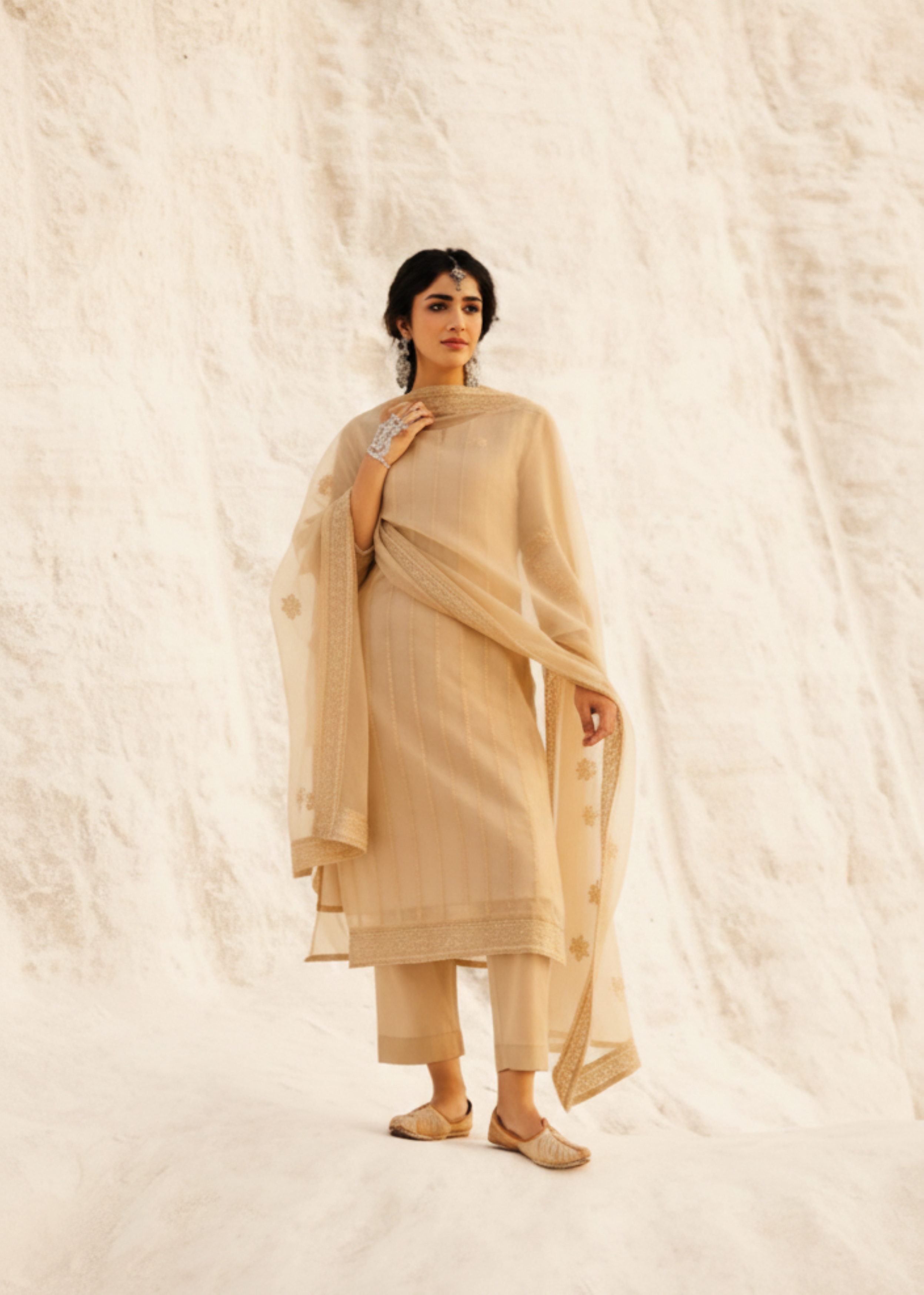 Bright Beige Chikankari Mul-Chanderi Silk Pant Set