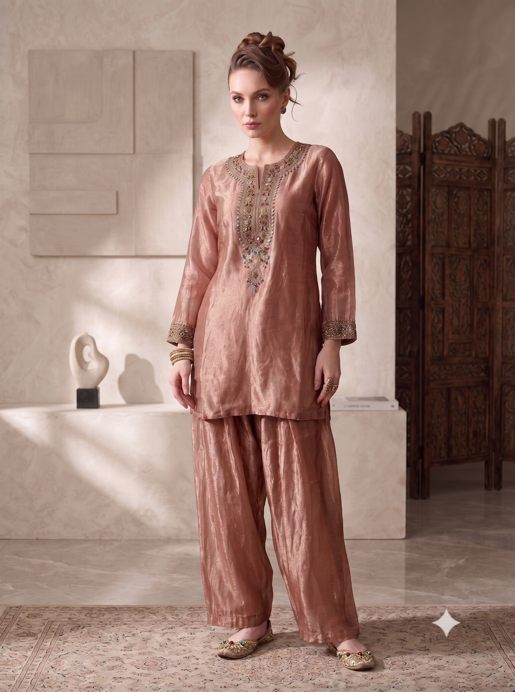 Rose Gold Embellished Shimmer Tissue Kurta Set