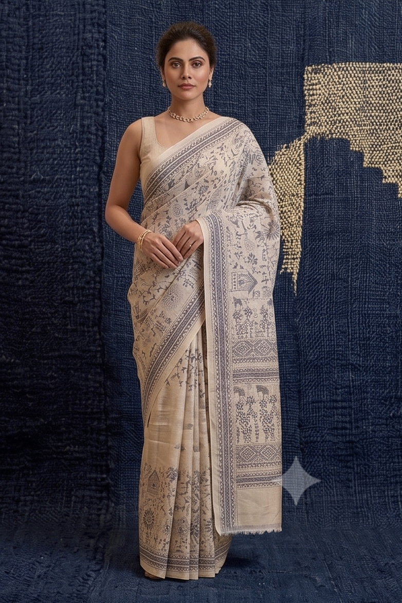 Ivory Kalamkari Embroidered Pure Tussar Silk Saree