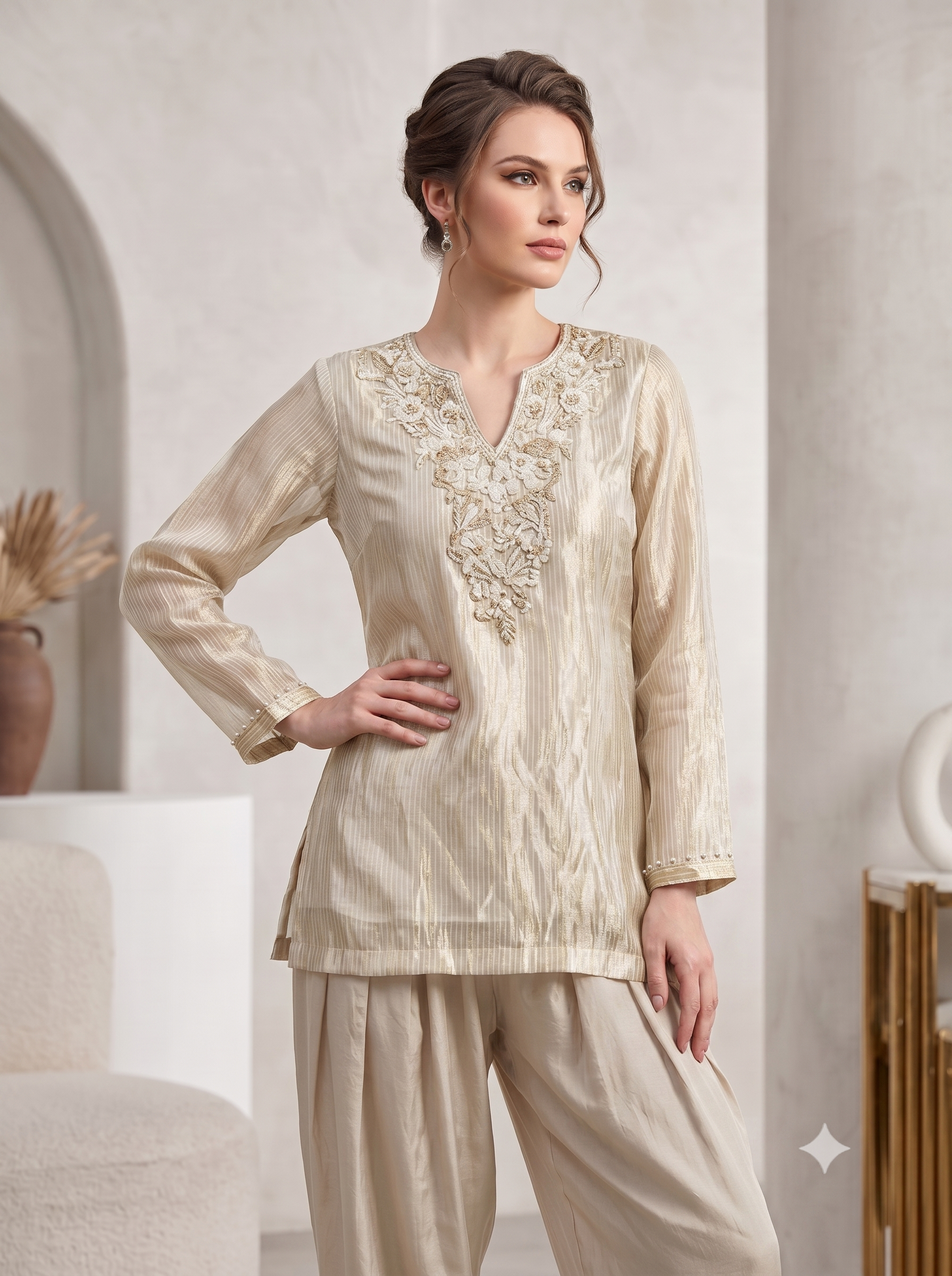 Champagne Ivory Shimmer Tissue Silk Co-Ord Set