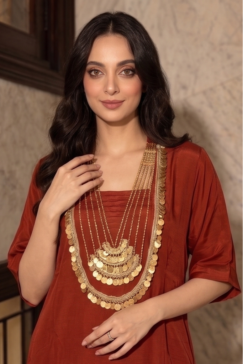 Deep Rust Orange Embellished Crepe Silk Palazzo Set