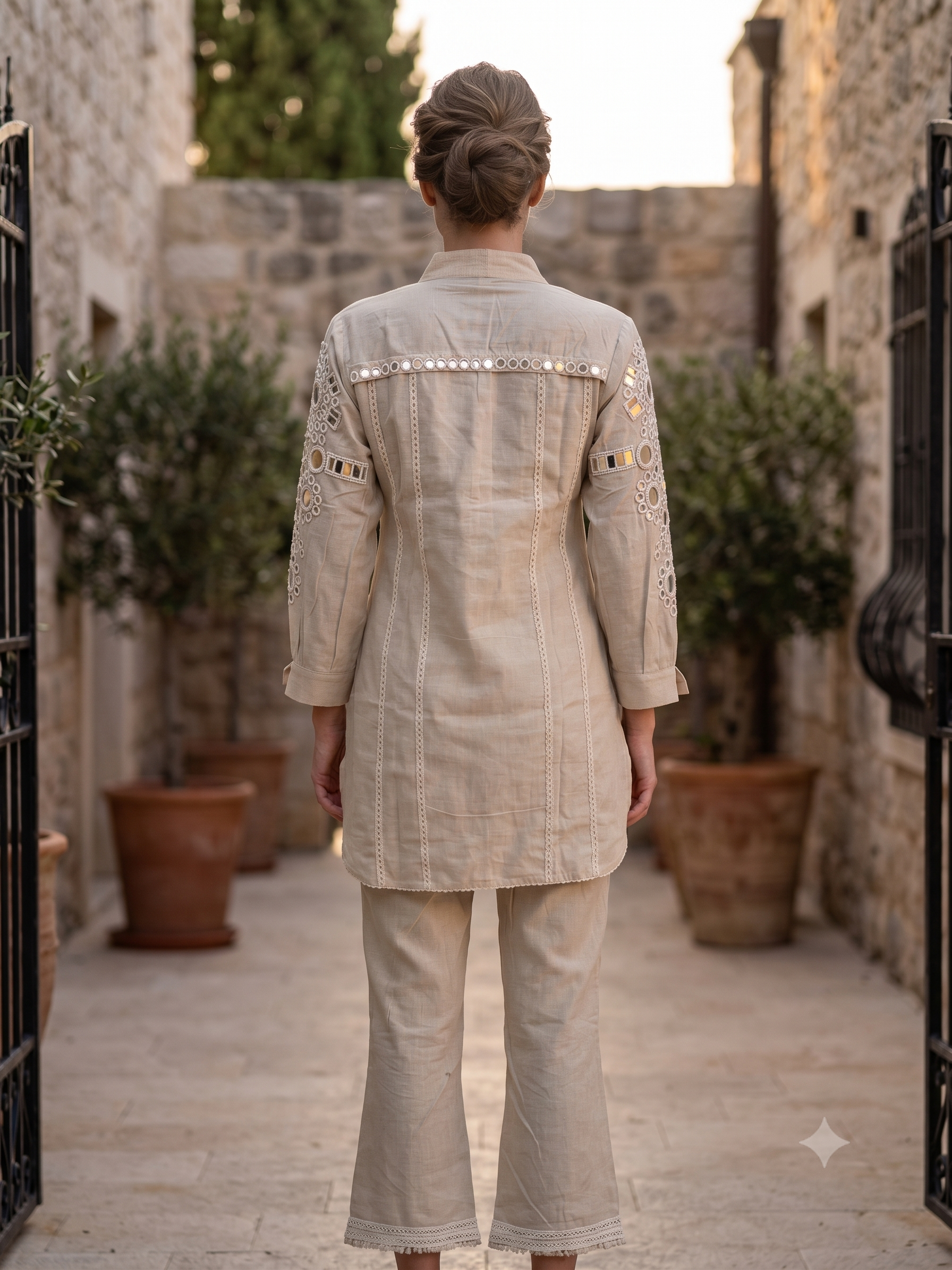 Light Beige Embellished Cotton Linen Co-Ord Set