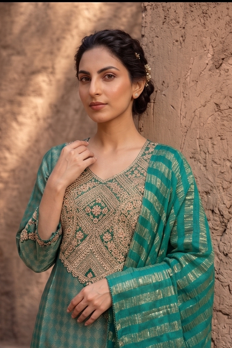 Emerald Green Embellished Tissue Silk Palazzo Set
