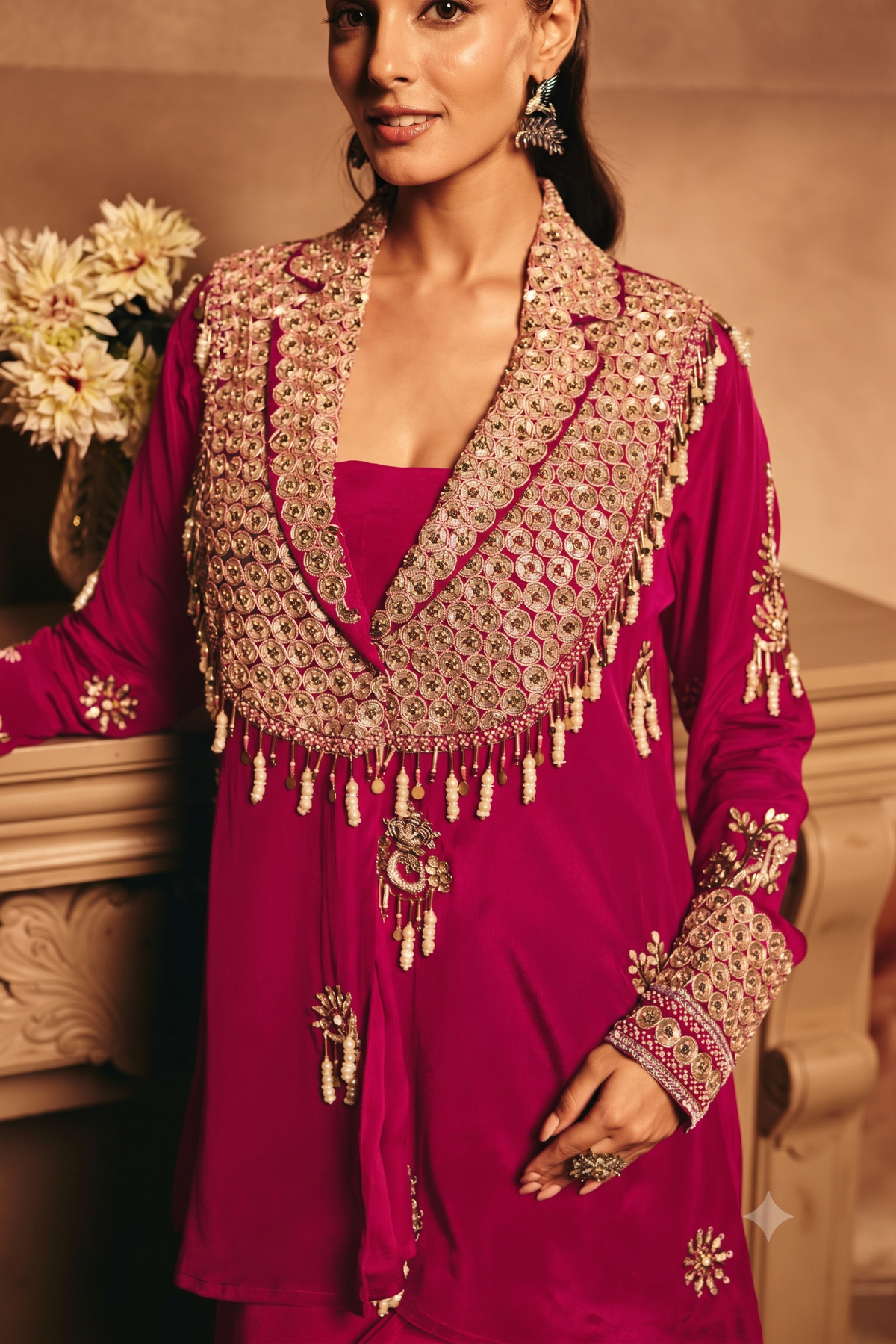 Magenta Pink Embellished Crepe Silk Skirt Set