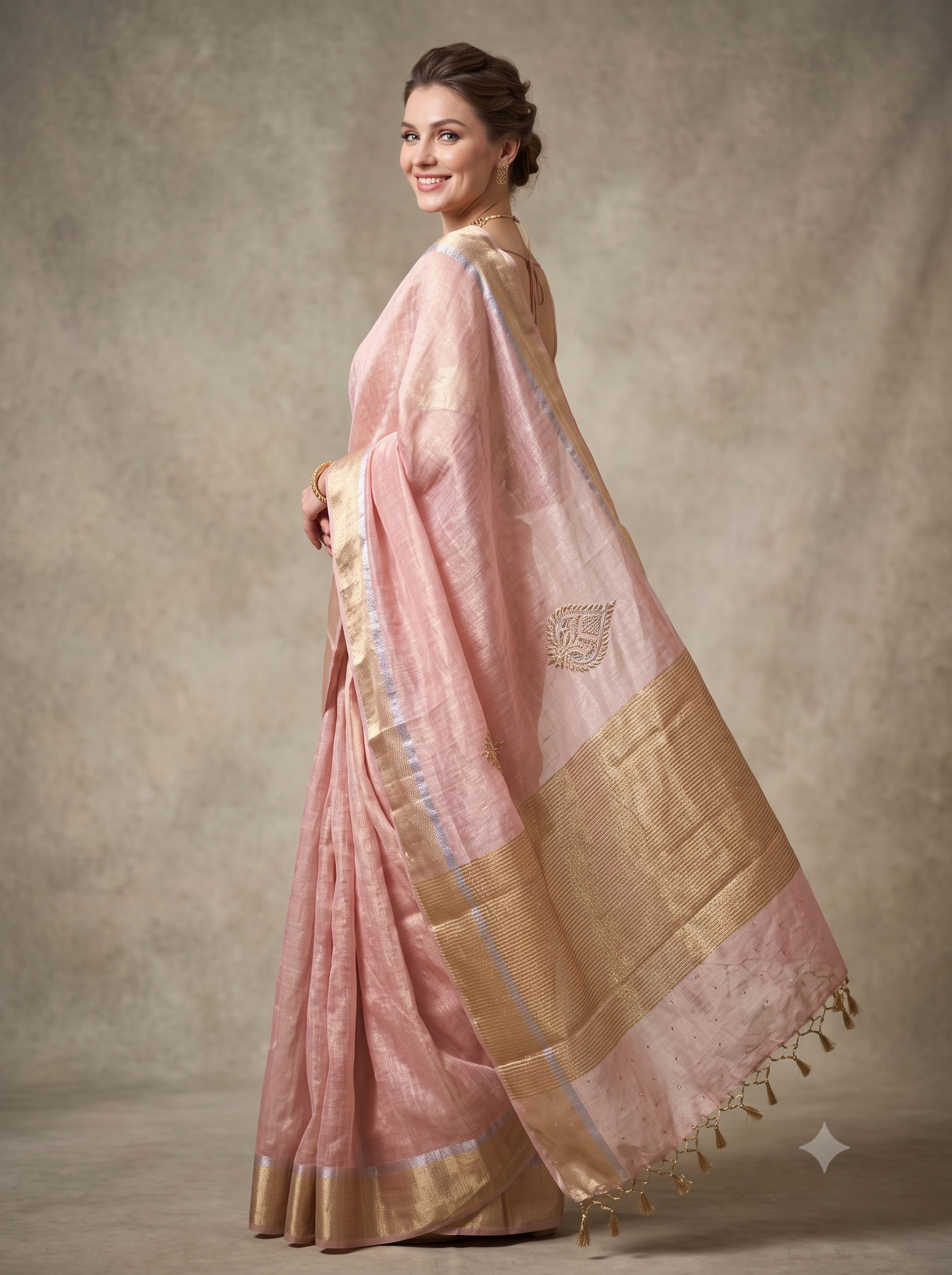 Pink Embellished Cotton Tissue Silk Saree