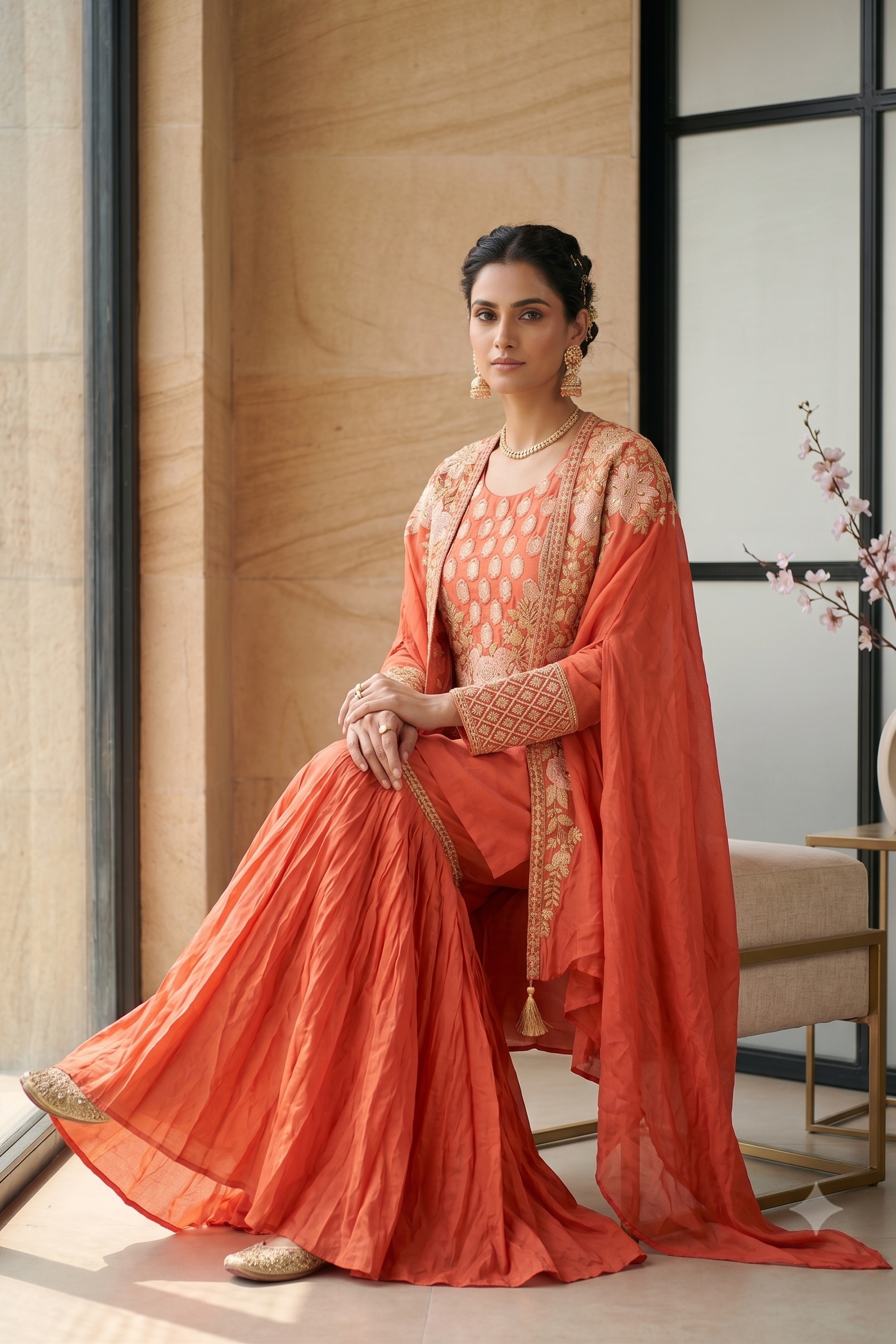 Bright Orange Embellished Raw Silk Cape Set