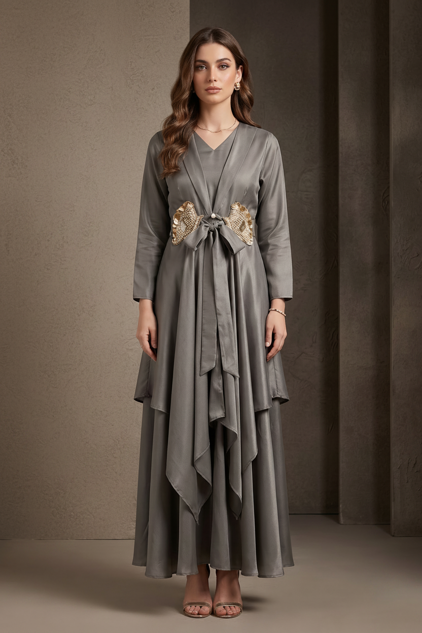 Charcoal Grey Embellished Crepe Silk Palazzo Set