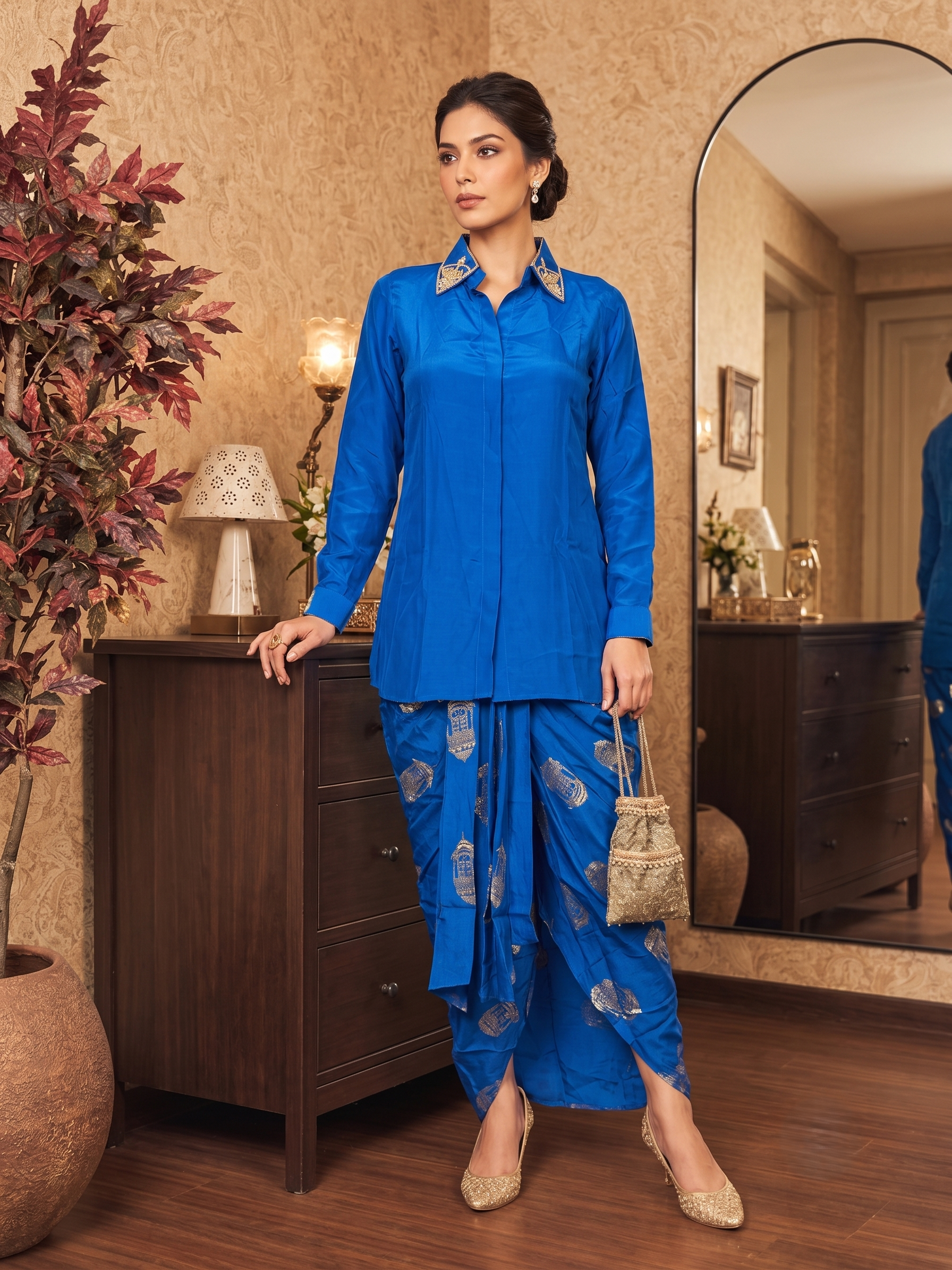 Royal Blue Embellished Crepe Silk Skirt Set
