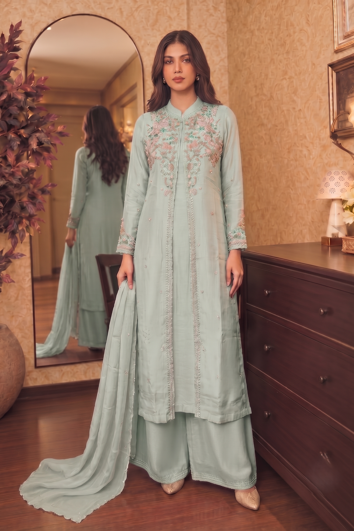 Powder Blue Embellished Chinon Silk Palazzo Set