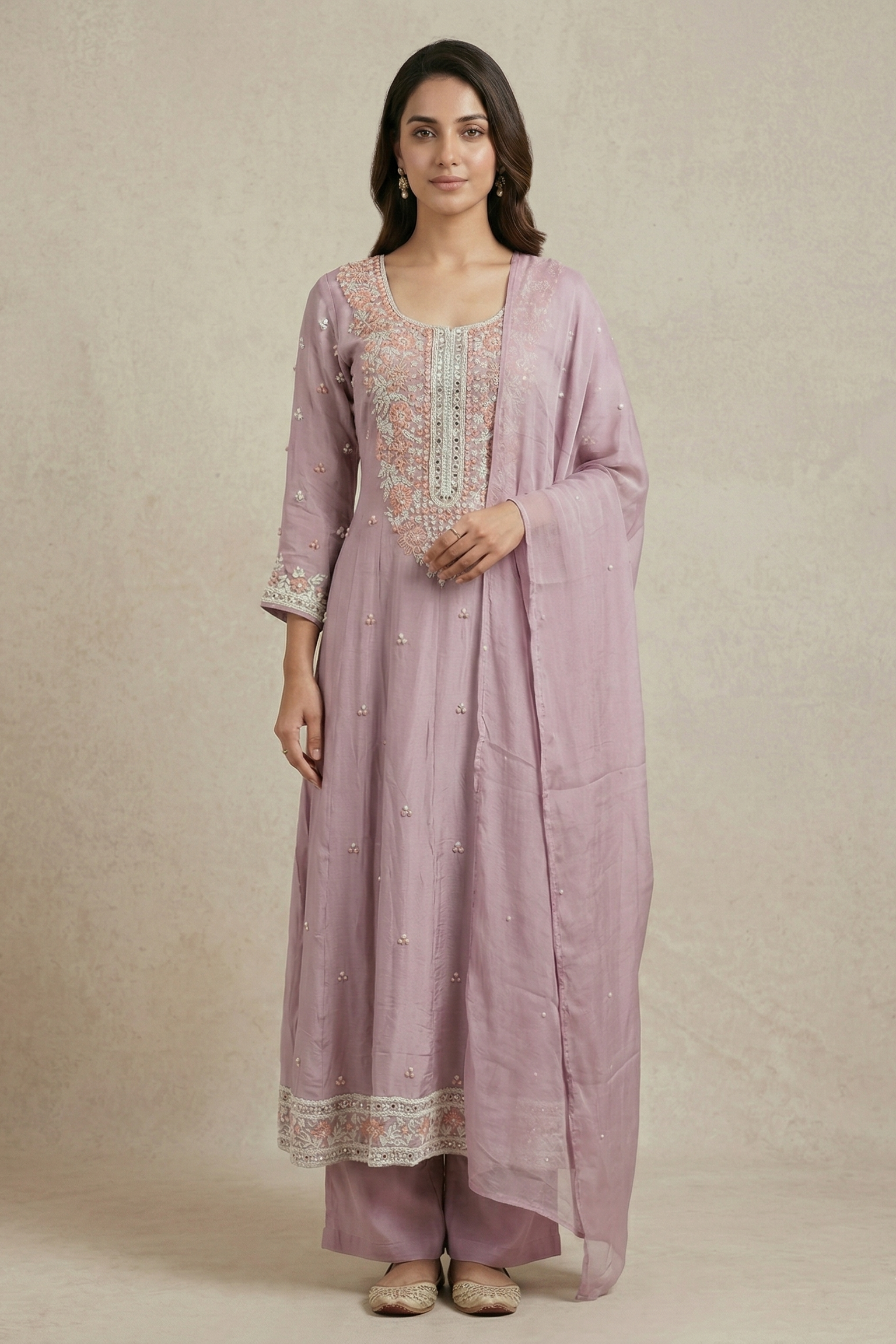 Soft Lavender Embellished Crepe Silk Anarkali Set