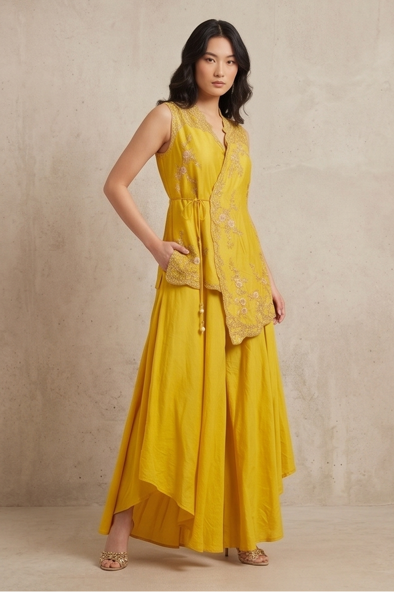 Vibrant Yellow Embellished Crepe Silk Palazzo Set