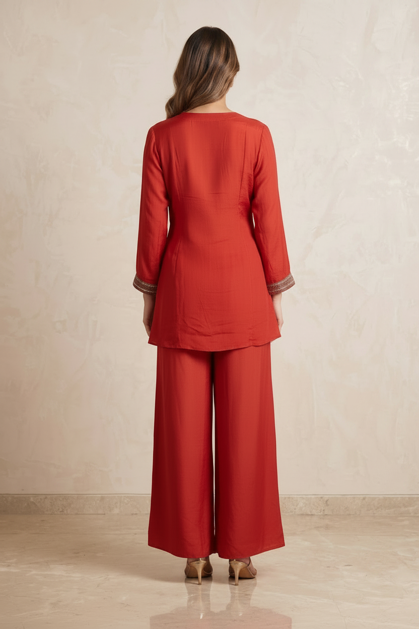 Rust Orange Embellished Chinon Silk Palazzo Set