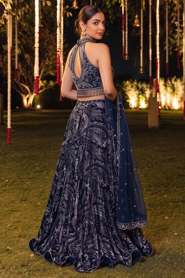 Deep Twilight Navy Embellished Velvet Silk Lehenga Set