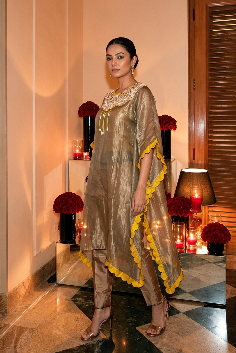 Yellow Shine Embellished Shimmer Tissue Silk Kaftan Set