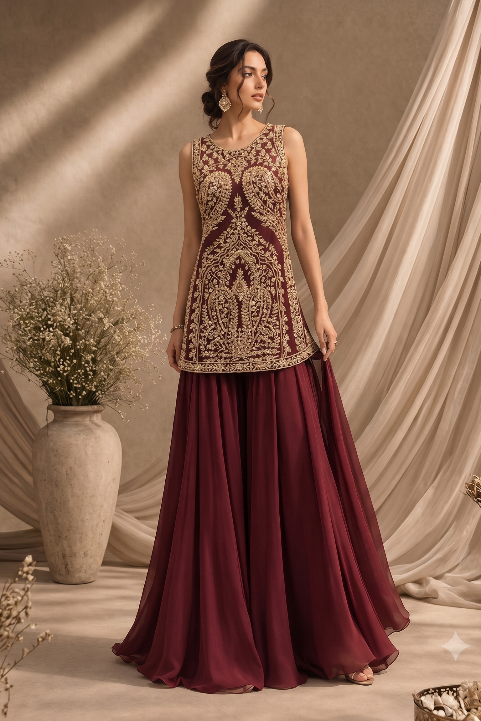 Burgundy Embellished Georgette Silk Palazzo Set