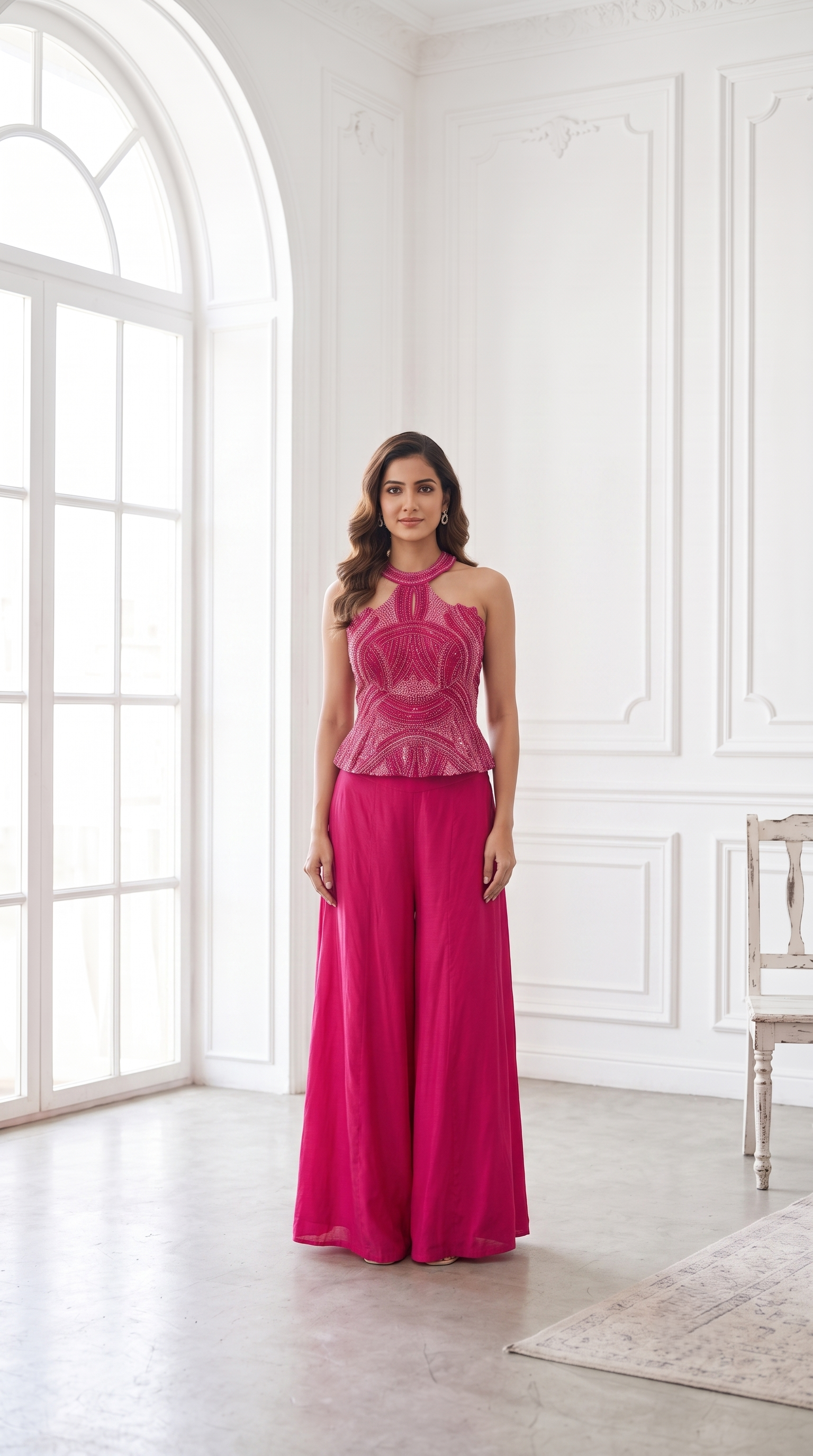 Vibrant Pink Embellished Premium Georgette Palazzo Set