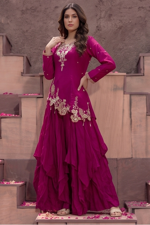 Quartz Rose Embellished Crepe Silk Skirt Set