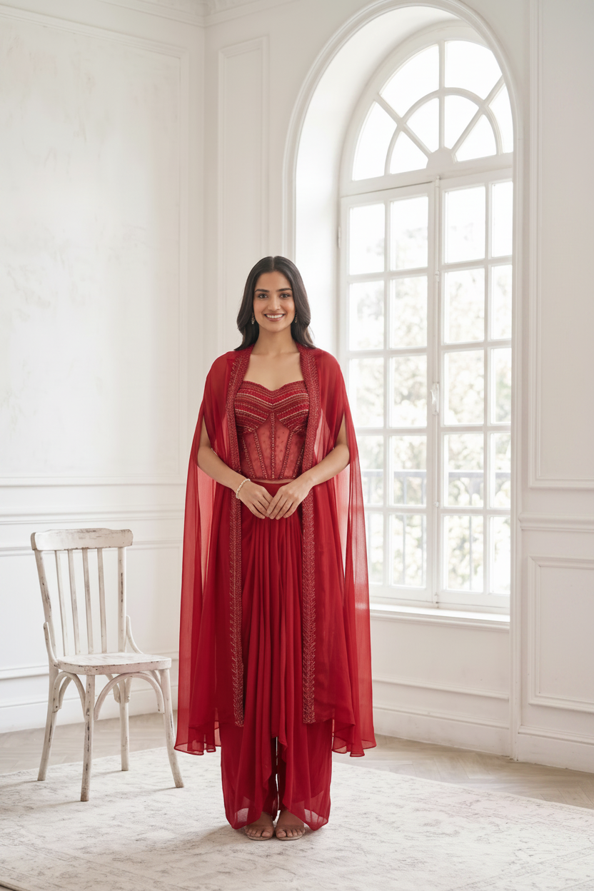 Royal Scarlet Embellished Premium Georgette Cape Set
