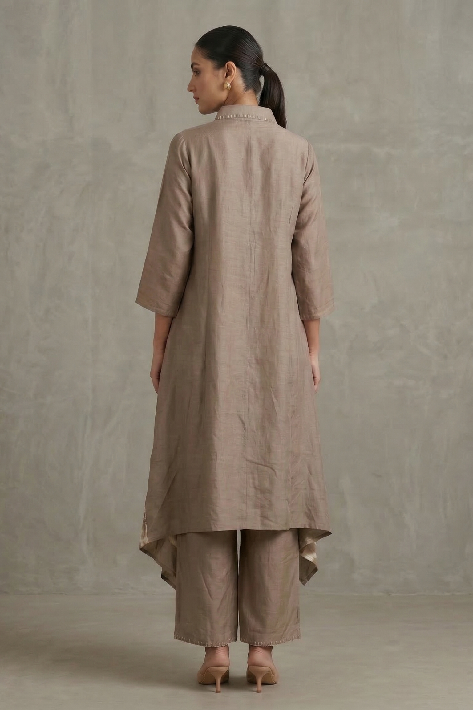 Mocha Brown Leheriya Printed Raw Silk Kurta Set