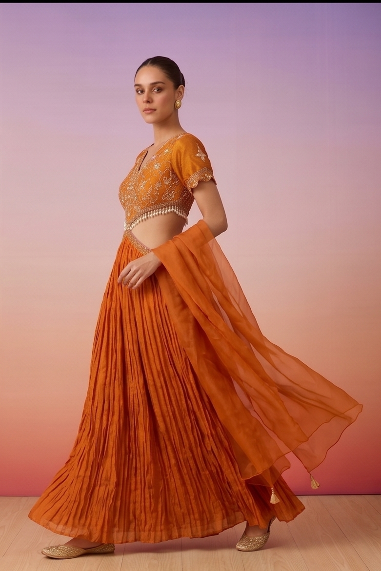 Coral Orange Embellished Chinon Silk Dress