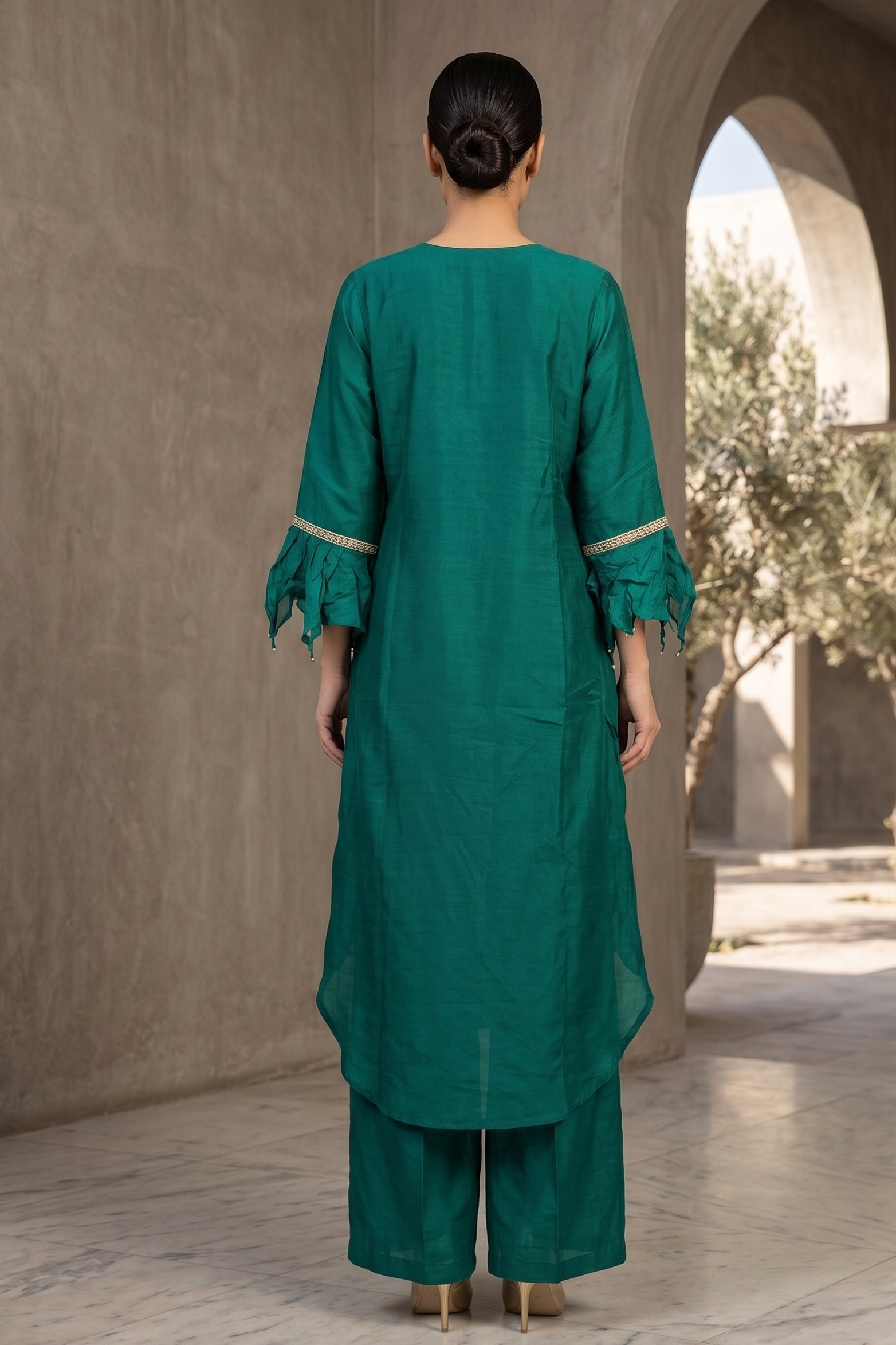 Bottle Green Embroidered Premium Silk Palazzo Set