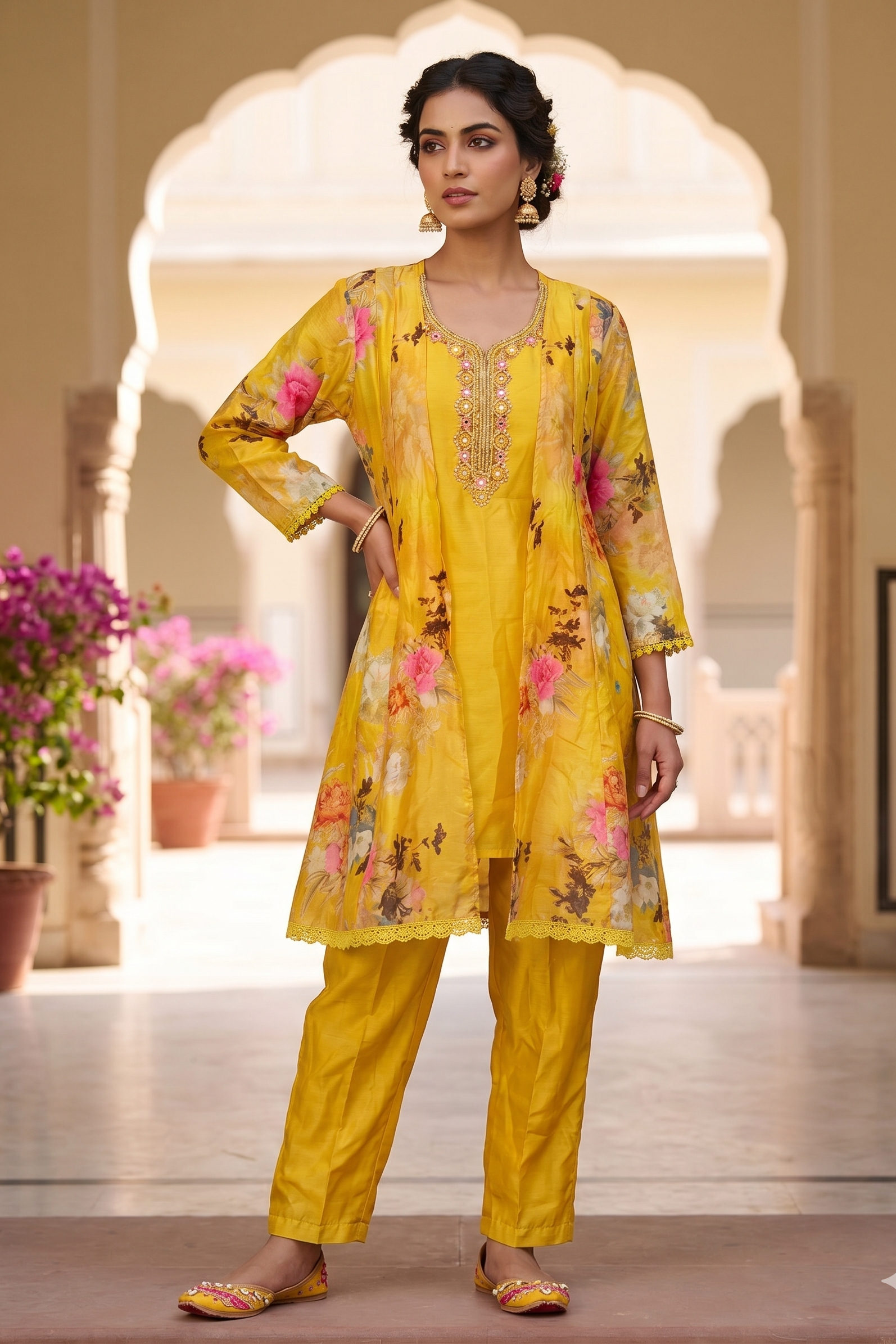 Yellow Floral Crepe Silk Co-Ord Set