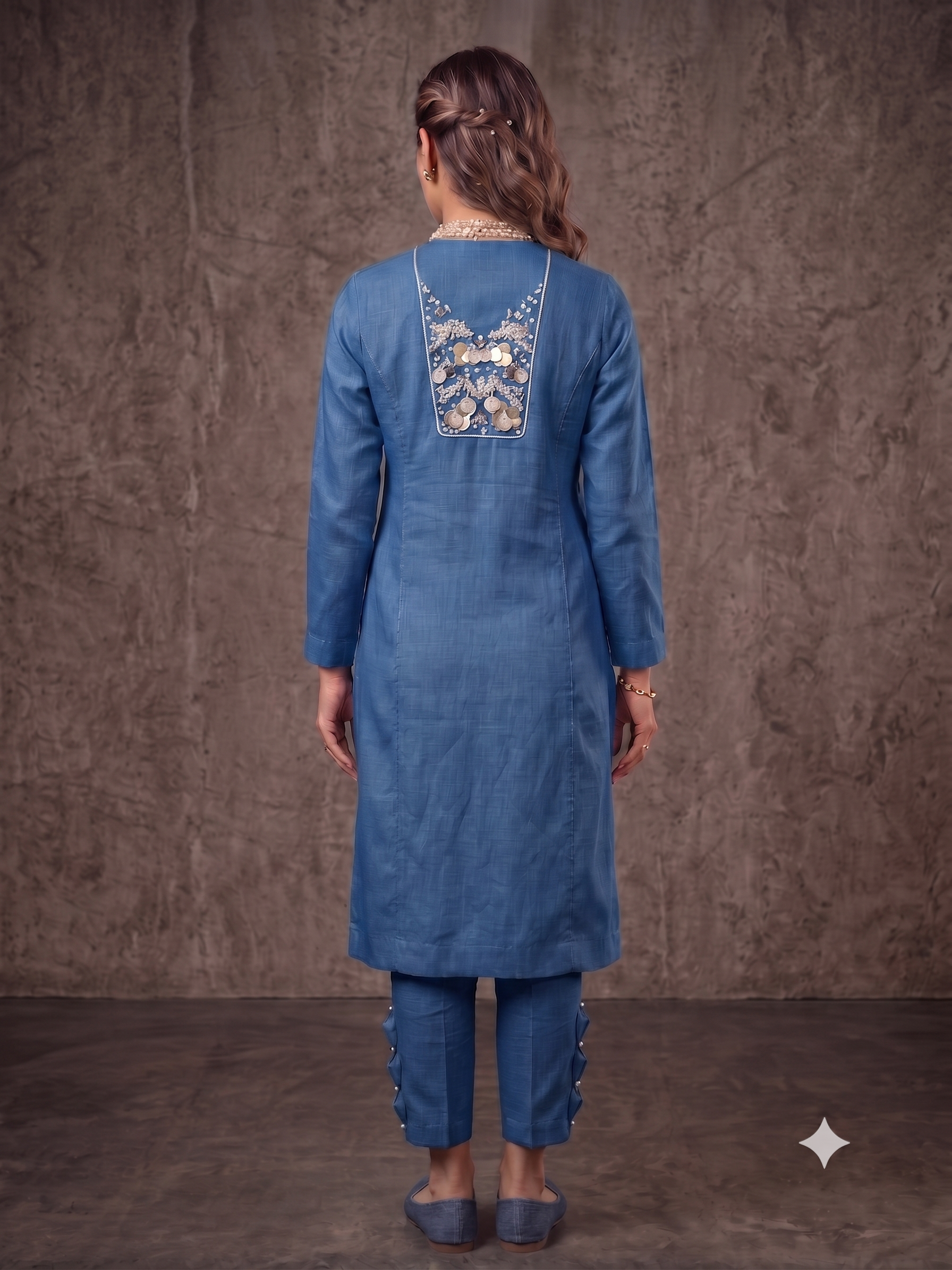 Denim Pearl Embellished Cotton Linen Pant Set