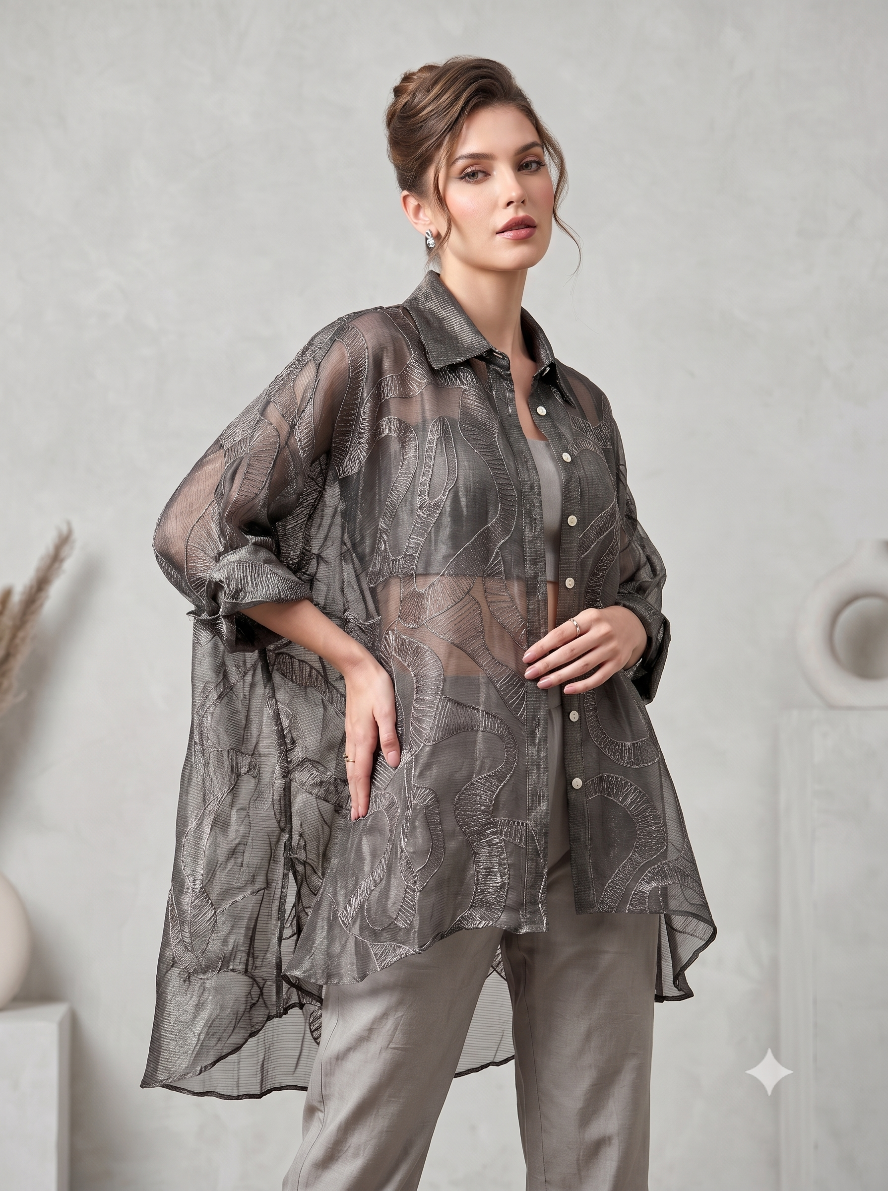 Sterling Grey Embroidered Organza Silk Co-Ord Set