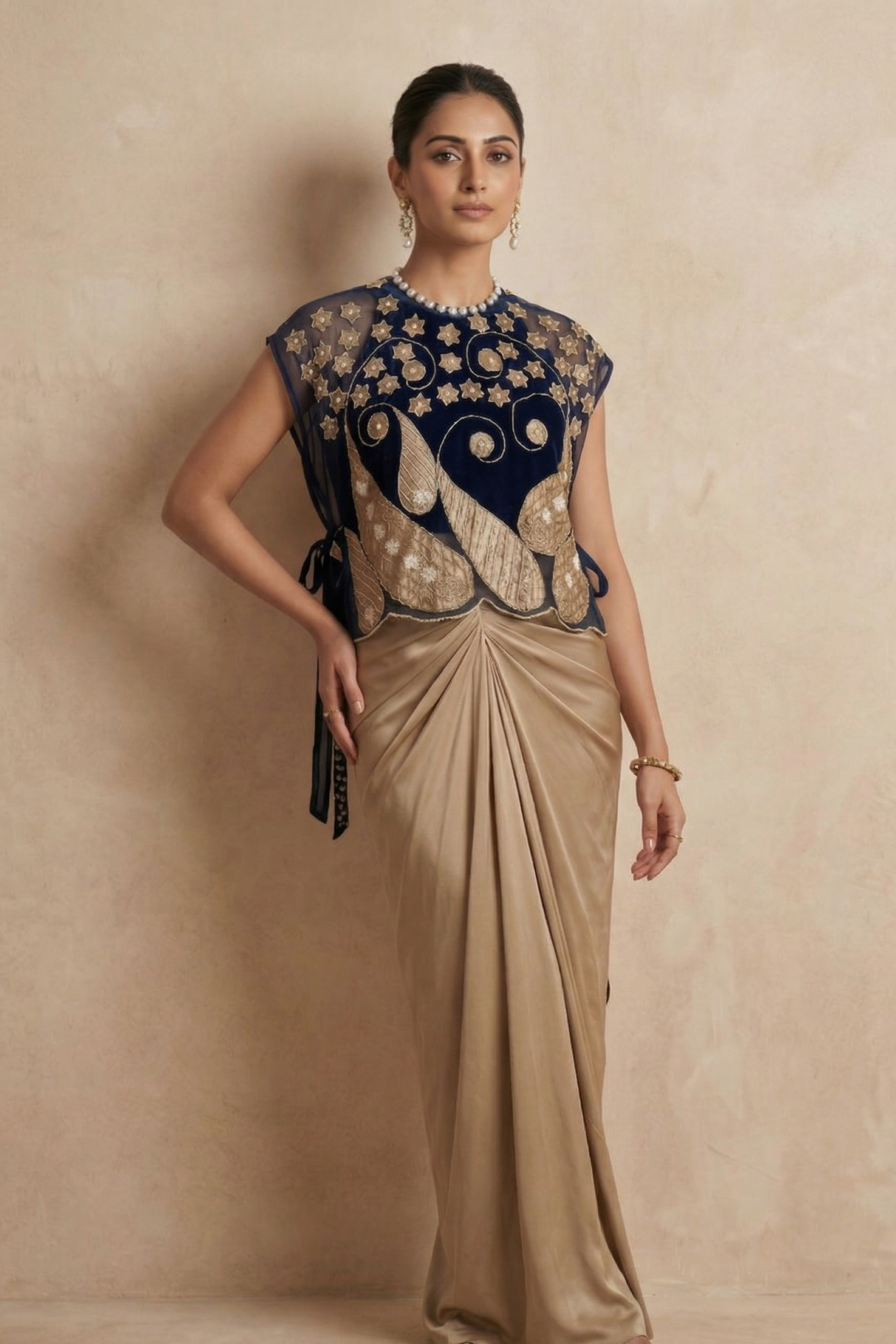 Royal Blue Embroidered Satin Silk Drape Skirt Set