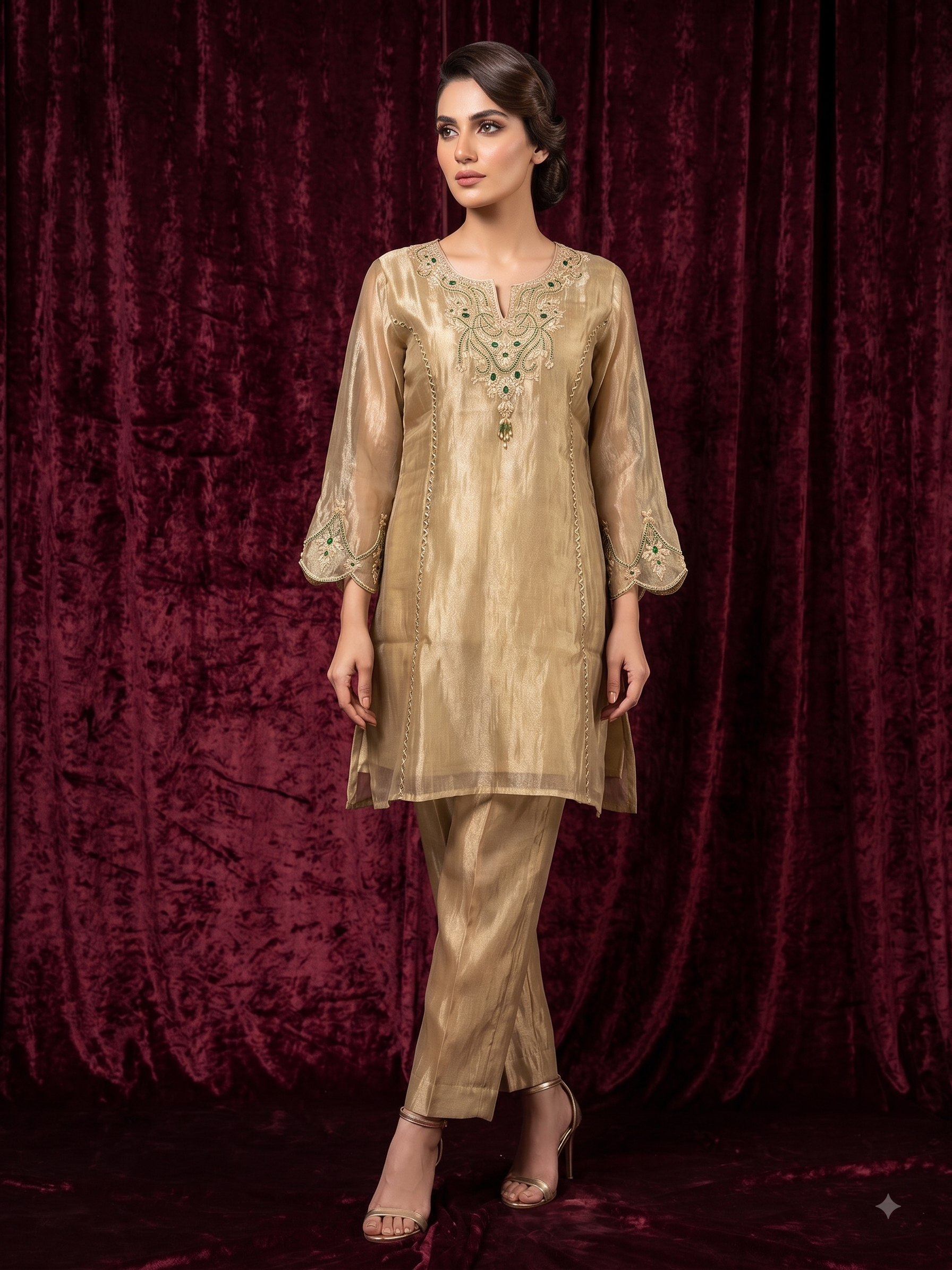 Sand Beige Embellished Shimmer Organza Silk Co-Ord Set